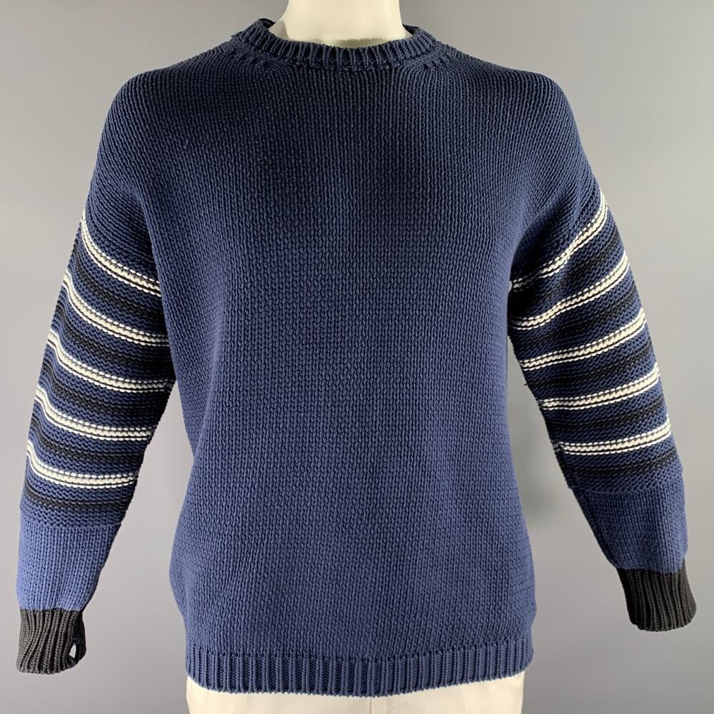 MARNI Size L Navy White & Black Knit Cotton Blend Ribbed Sweater